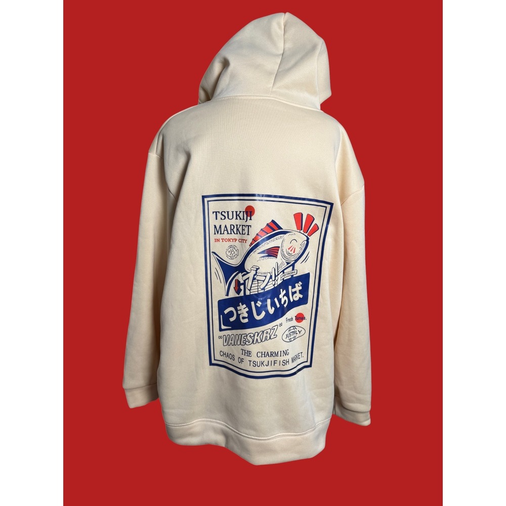 Kawaiies Tokyo Fish Market Hoodie Cream Tsukiji Market Graphic Sweatshirt 3XL